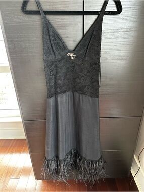 Black Lace-Top Midi Dress with Feather Hem